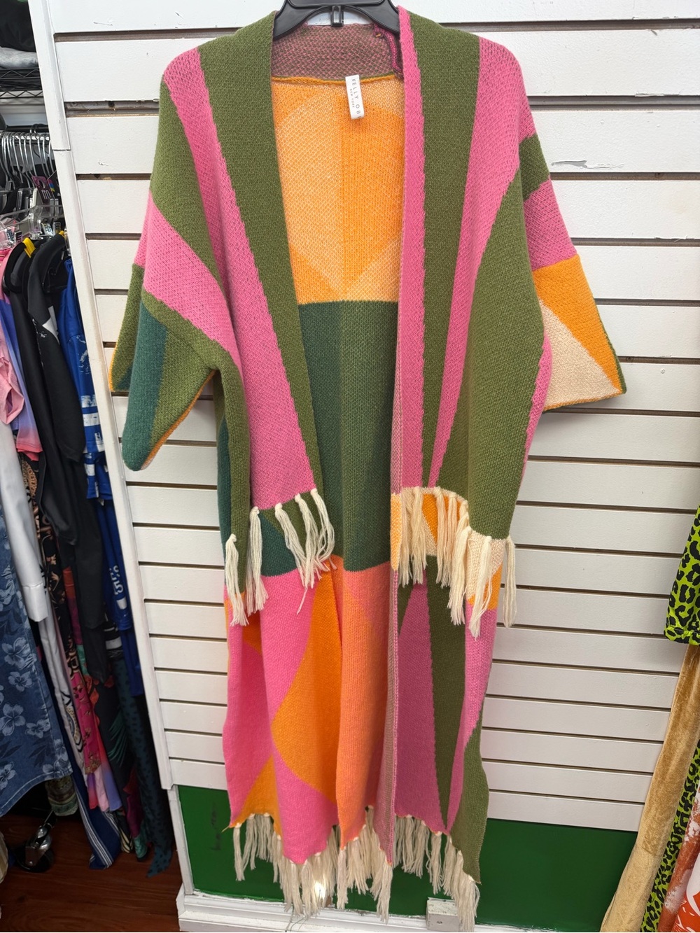 Kelly OB Colorblock Fringe Duster Cardigan Medium Boho Open Front Long Knit Swea